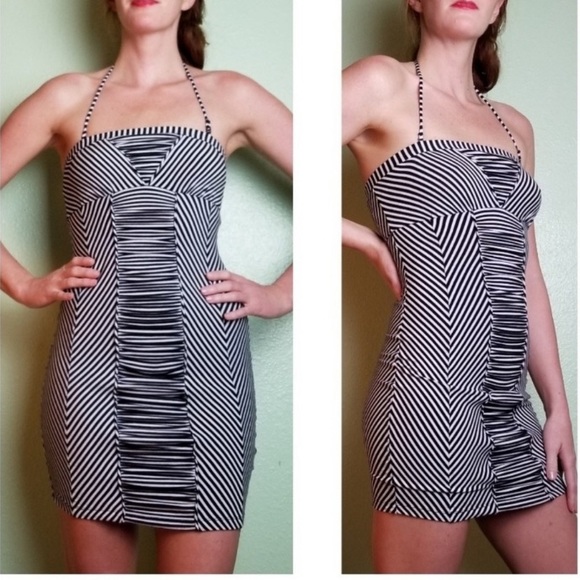 FREE PEOPLE white navy Striped MINI DRESS/ sleeveless Tunic Sz XS fitted stretch - Picture 1 of 7